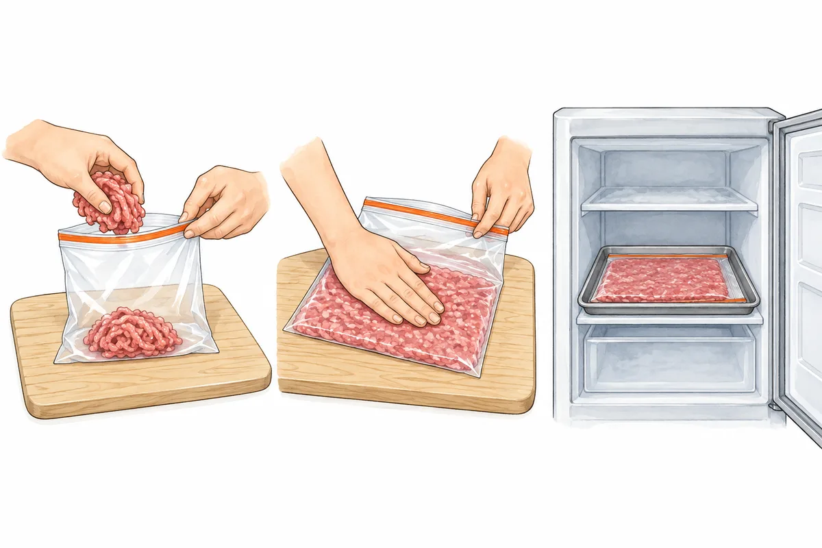 ひき肉を袋に入れ、手で平らにして、トレーにのせて冷凍庫に入れる3つの場面のイラスト